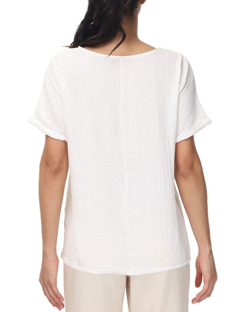 Soojun Women's Cotton Linen Round Collar Boxy Top Patchwork Blouses White, Large - Image 4
